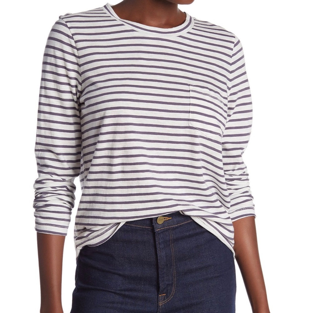 Madewell Gray and White Striped Long Sleeve Tee